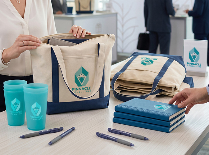 Examples of Promotional Products like pens, notebooks, and tote bags